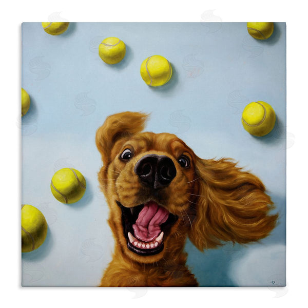 stupell industries Lucia Heffernan | Happy Smiling Pet Dog with Yellow Tennis Balls Wall Art