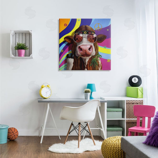 Stupell Industries Lucia Heffernan | Hippy Farm Cow Retro Groovy Stripes Peace Sign Wall Art