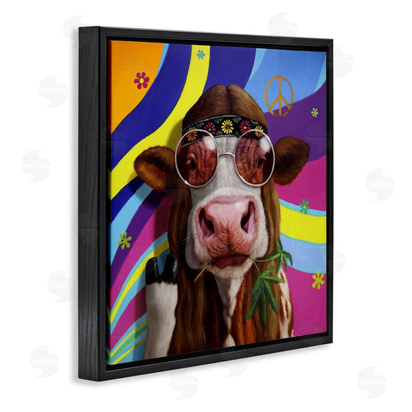 Stupell Industries Lucia Heffernan | Hippy Farm Cow Retro Groovy Stripes Peace Sign Wall Art