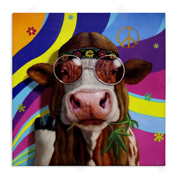 stupell industries Lucia Heffernan | Hippy Farm Cow Retro Groovy Stripes Peace Sign Wall Art
