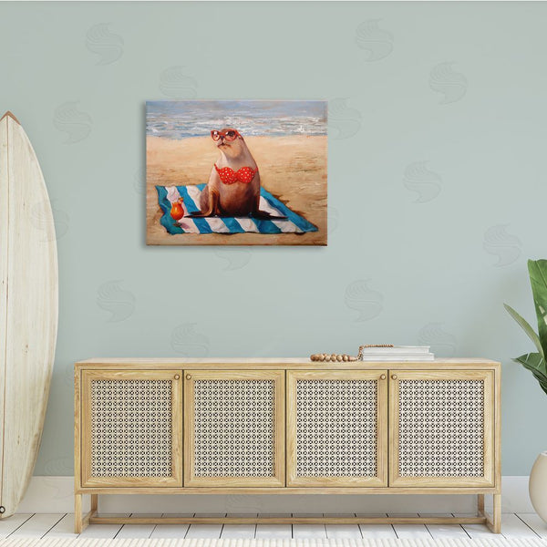 Stupell Industries Lucia Heffernan | Polka Dot Bikini Sea Lion Tropical Drink Beach Scene Wall Art