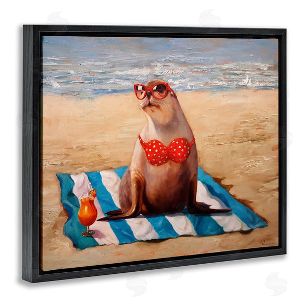 Stupell Industries Lucia Heffernan | Polka Dot Bikini Sea Lion Tropical Drink Beach Scene Wall Art