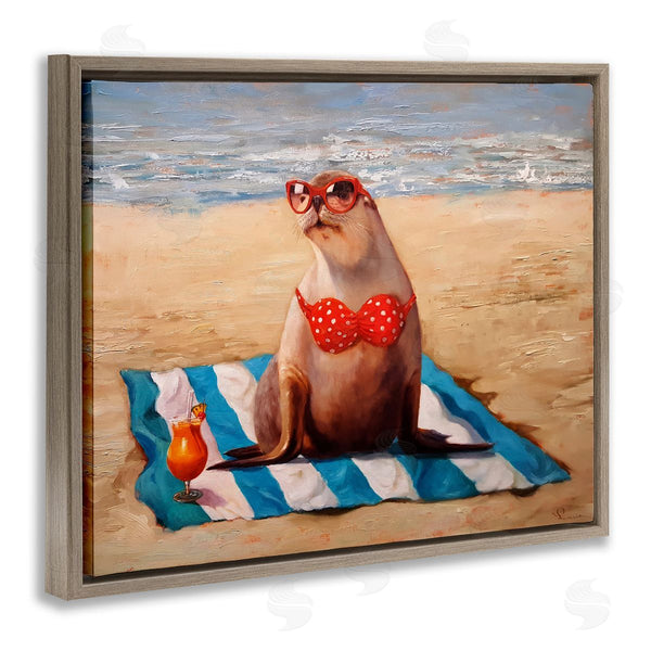 Stupell Industries Lucia Heffernan | Polka Dot Bikini Sea Lion Tropical Drink Beach Scene Wall Art