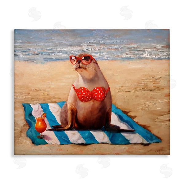 stupell industries Lucia Heffernan | Polka Dot Bikini Sea Lion Tropical Drink Beach Scene Wall Art