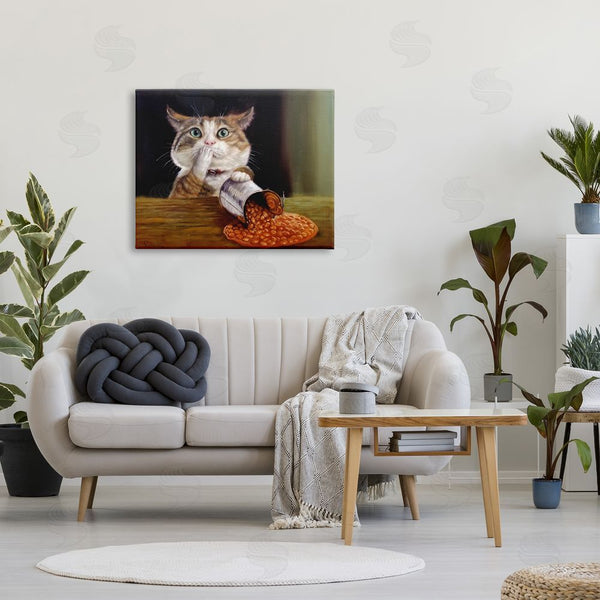 Stupell Industries Lucia Heffernan | Spilled The Beans Humorous Cat Kitchen Animal Painting Wall Art