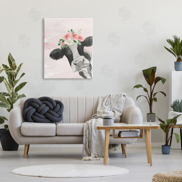 Stupell Industries Lucille Price | Dairy Farm Cow Watercolor Portrait Pink Floral Crown Wall Art