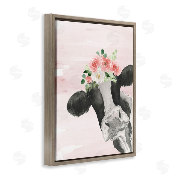 Stupell Industries Lucille Price | Dairy Farm Cow Watercolor Portrait Pink Floral Crown Wall Art