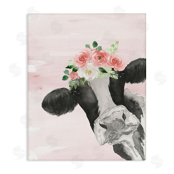 stupell industries Lucille Price | Dairy Farm Cow Watercolor Portrait Pink Floral Crown Wall Art