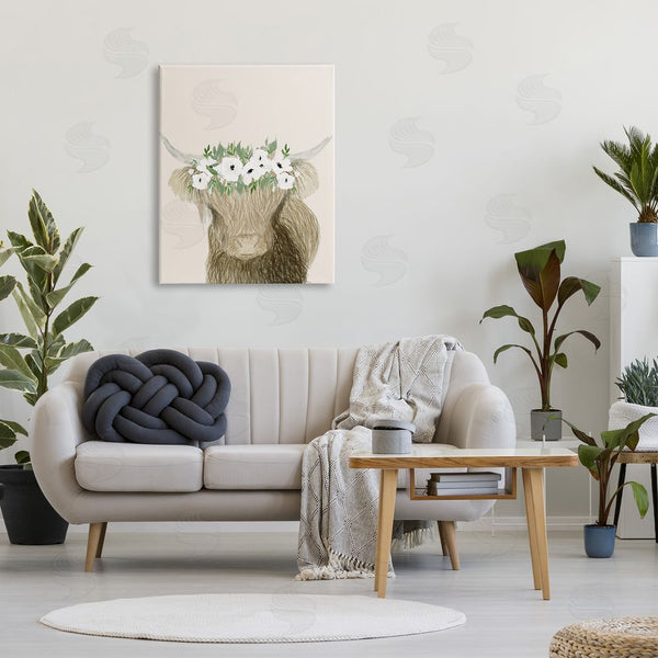 Stupell Industries Lucille Price | Highland Cattle Portrait White Poppy Floral Crown Rustic Wall Art