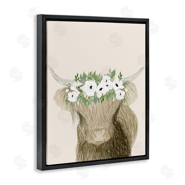 Stupell Industries Lucille Price | Highland Cattle Portrait White Poppy Floral Crown Rustic Wall Art