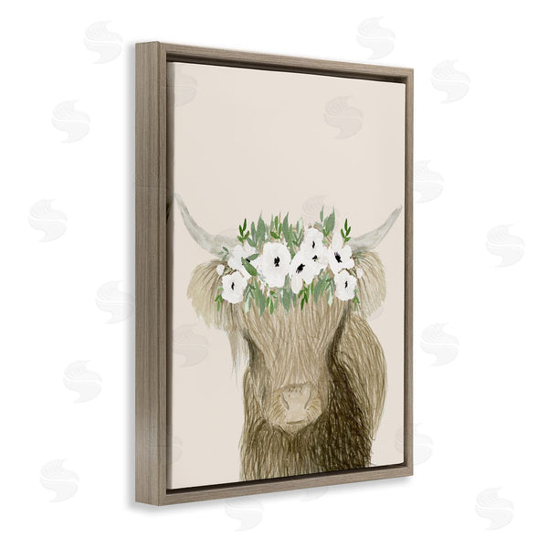 Stupell Industries Lucille Price | Highland Cattle Portrait White Poppy Floral Crown Rustic Wall Art