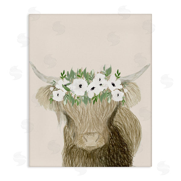 stupell industries Lucille Price | Highland Cattle Portrait White Poppy Floral Crown Rustic Wall Art