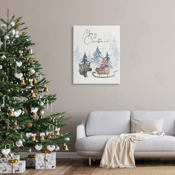 Stupell Industries Lucille Price | Merry Christmas Phrase Adorable Racoon Forest Present Sleigh Wall Art