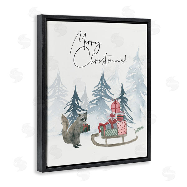 Stupell Industries Lucille Price | Merry Christmas Phrase Adorable Racoon Forest Present Sleigh Wall Art