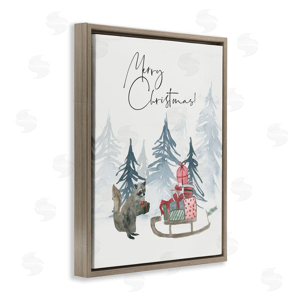 Stupell Industries Lucille Price | Merry Christmas Phrase Adorable Racoon Forest Present Sleigh Wall Art