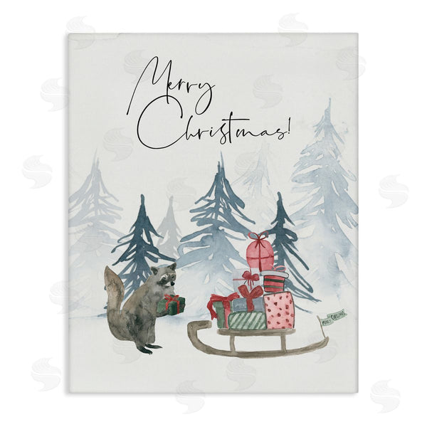 stupell industries Lucille Price | Merry Christmas Phrase Adorable Racoon Forest Present Sleigh Wall Art