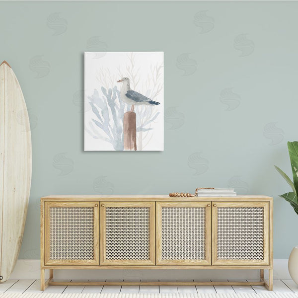 Stupell Industries Lucille Price | Relaxed Nautical Seagull Beach Bird Blue Sea Coral Wall Art