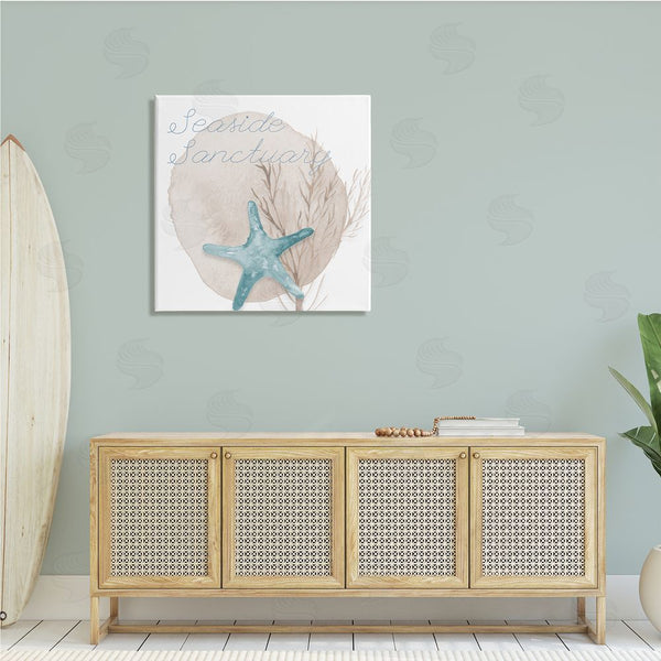 Stupell Industries Lucille Price | Seaside Sanctuary Phrase Soft Blue Starfish Brown Kelp Wall Art