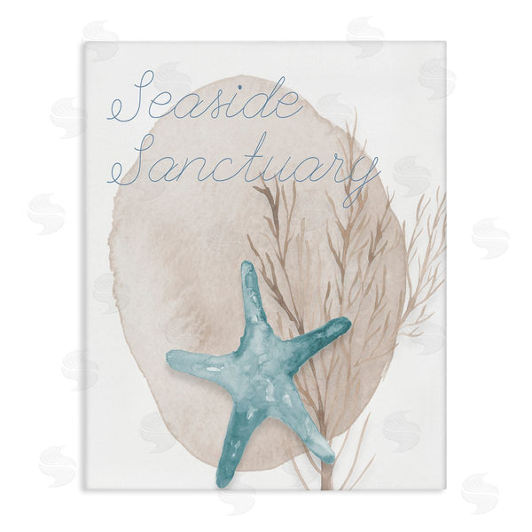 stupell industries Lucille Price | Seaside Sanctuary Phrase Soft Blue Starfish Brown Kelp Wall Art