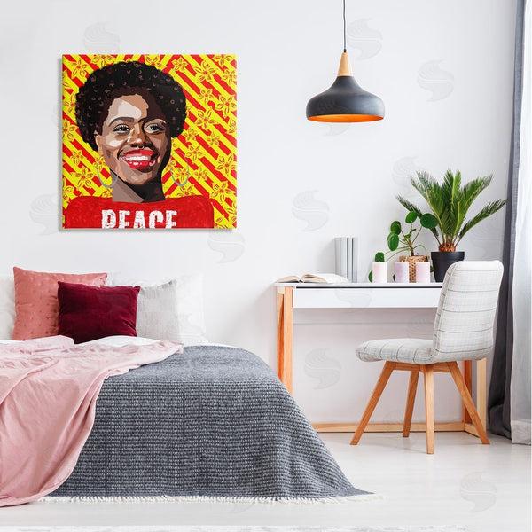 Stupell Industries Lynnda Rakos | Peace Text Smiling Woman Floral Red Stripes Wall Art