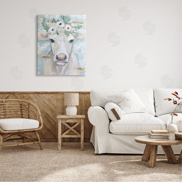 Stupell Industries Mackenzie Kissell | Country Cattle Cow White Flower Crown Brushstrokes Wall Art