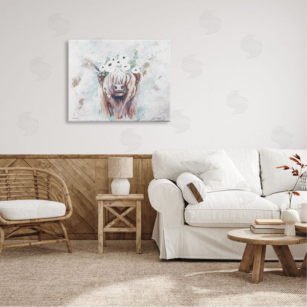 Stupell Industries Mackenzie Kissell | Rustic Country Longhorn Cattle Flecked Flower Blossoms Wall Art