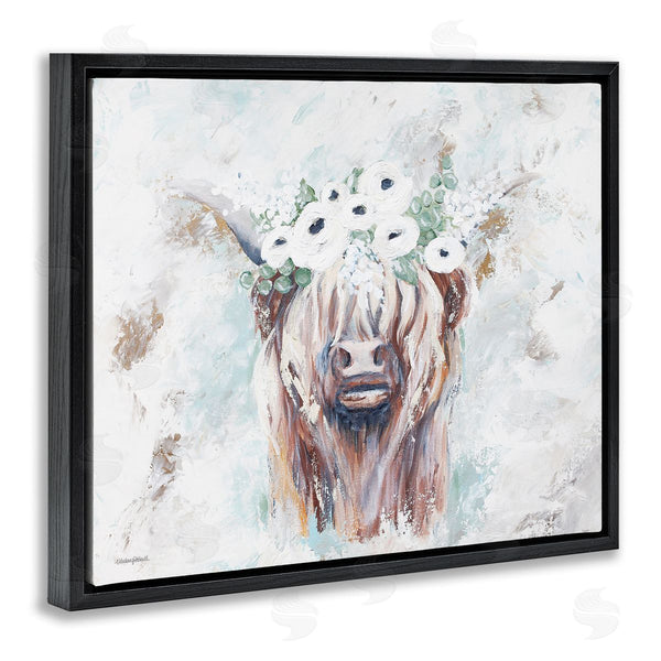 Stupell Industries Mackenzie Kissell | Rustic Country Longhorn Cattle Flecked Flower Blossoms Wall Art