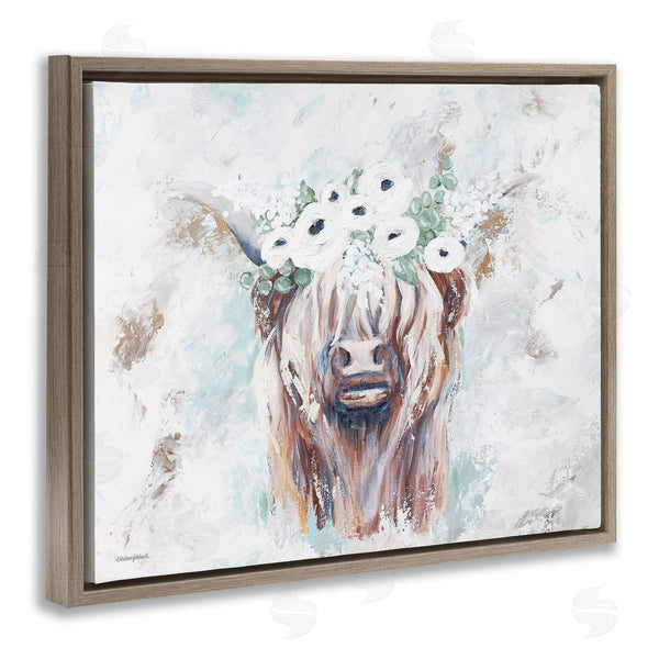 Stupell Industries Mackenzie Kissell | Rustic Country Longhorn Cattle Flecked Flower Blossoms Wall Art