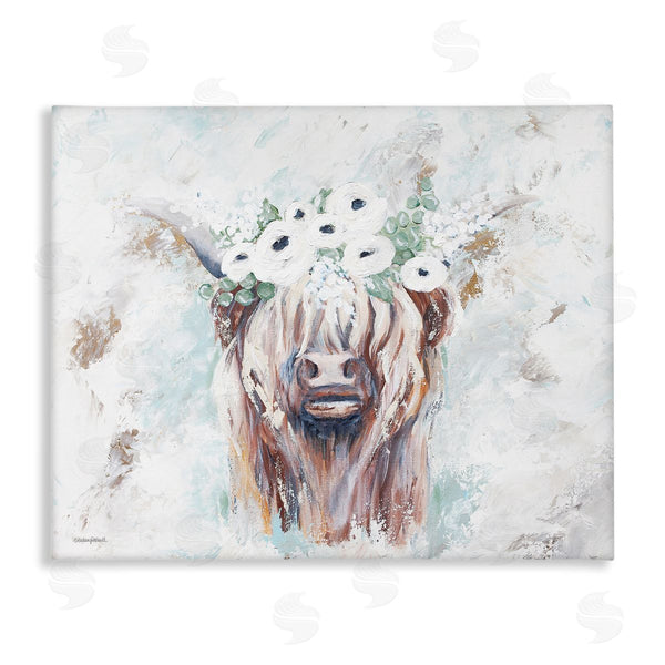 stupell industries Mackenzie Kissell | Rustic Country Longhorn Cattle Flecked Flower Blossoms Wall Art