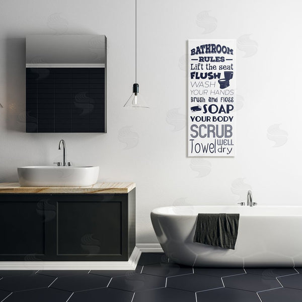 Stupell Industries Marcus Prime | Bathroom Rules Sign Navy Blue Toilet Bubbly Soap Wall Art