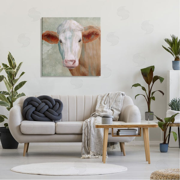 Stupell Industries Marcus Prime | Cute Brown White Farm Cow Watching Closeup Painting Wall Art