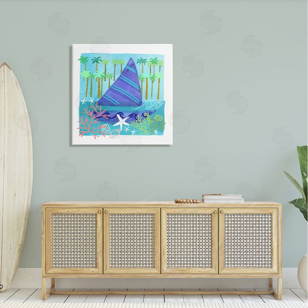 Stupell Industries Maret Hensick | Funky Sailboat Coastal Layered Palm Trees Seashells Wall Art