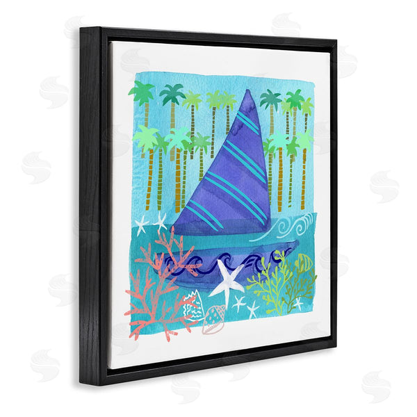 Stupell Industries Maret Hensick | Funky Sailboat Coastal Layered Palm Trees Seashells Wall Art