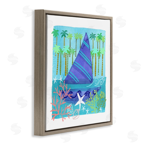 Stupell Industries Maret Hensick | Funky Sailboat Coastal Layered Palm Trees Seashells Wall Art