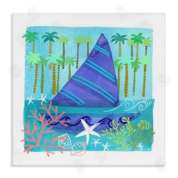 stupell industries Maret Hensick | Funky Sailboat Coastal Layered Palm Trees Seashells Wall Art