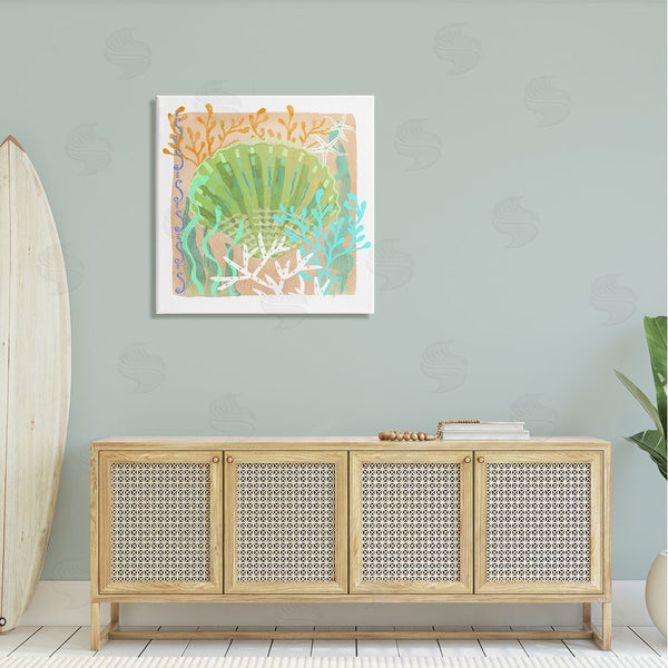 Stupell Industries Maret Hensick | Vivid Coral Overlay Beach Seashell Watercolor Pattern Wall Art