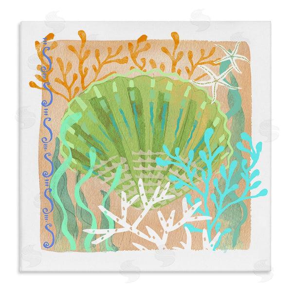 stupell industries Maret Hensick | Vivid Coral Overlay Beach Seashell Watercolor Pattern Wall Art