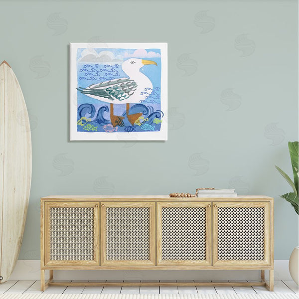 Stupell Industries Maret Hensick | Whimsical Seagull Bird Layered Ocean Waves Painting Wall Art