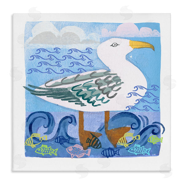stupell industries Maret Hensick | Whimsical Seagull Bird Layered Ocean Waves Painting Wall Art