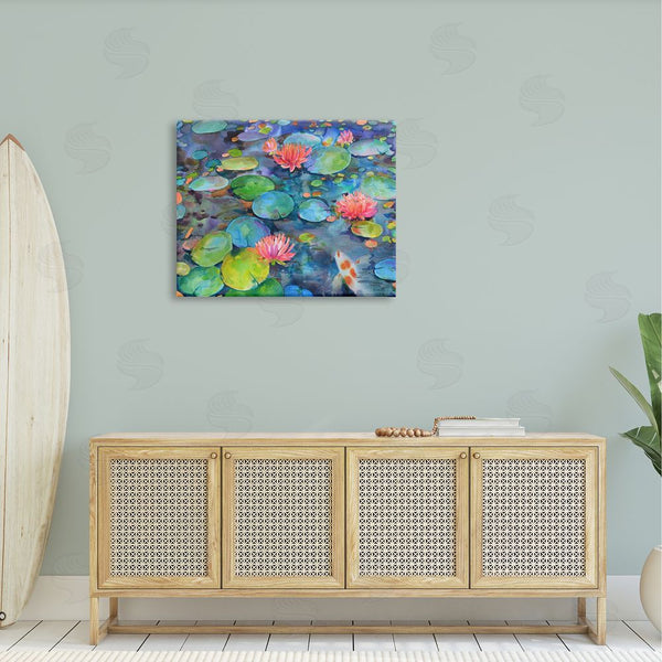 Stupell Industries Marietta Cohen Art And Design | Vivid Pond Lily Lotus Blossom Koi Fish Pond Wall Art