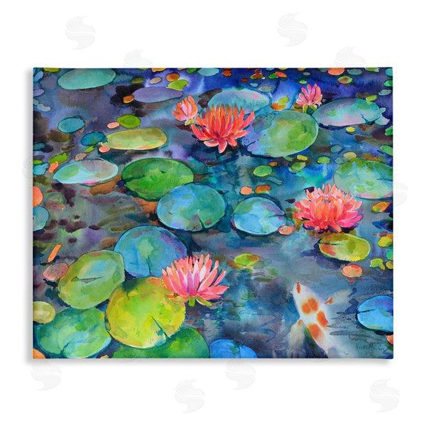 stupell industries Marietta Cohen Art and Design | Vivid Pond Lily Lotus Blossom Koi Fish Pond Wall Art