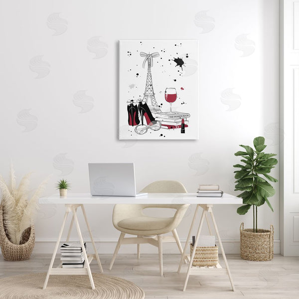 Stupell Industries Martina Pavlova | Glam Fashion Eifel Tower Fashion Books Red Wine Wall Art