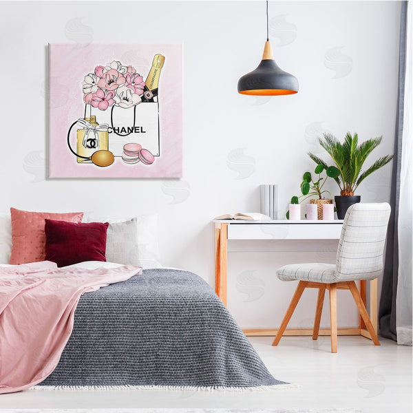 Stupell Industries Martina Pavlova | Golden Perfume Flowered Fashion Shopping Bag Confectionary Macaroons Wall Art