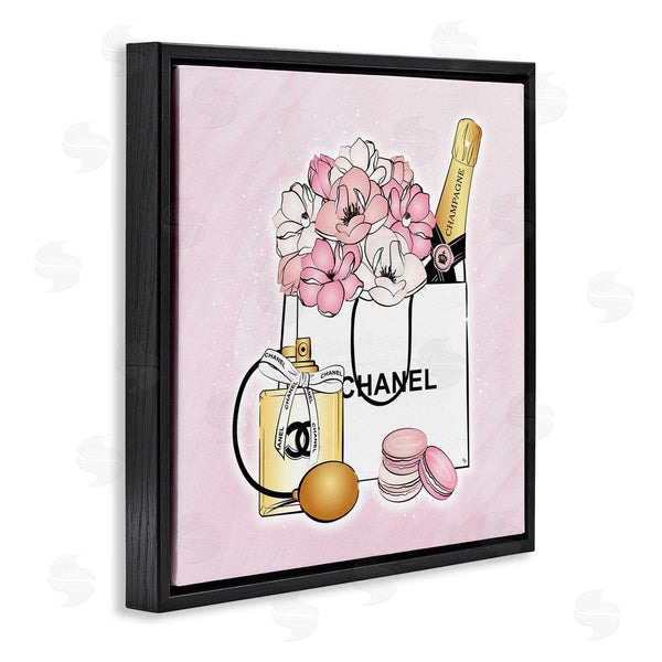 Stupell Industries Martina Pavlova | Golden Perfume Flowered Fashion Shopping Bag Confectionary Macaroons Wall Art
