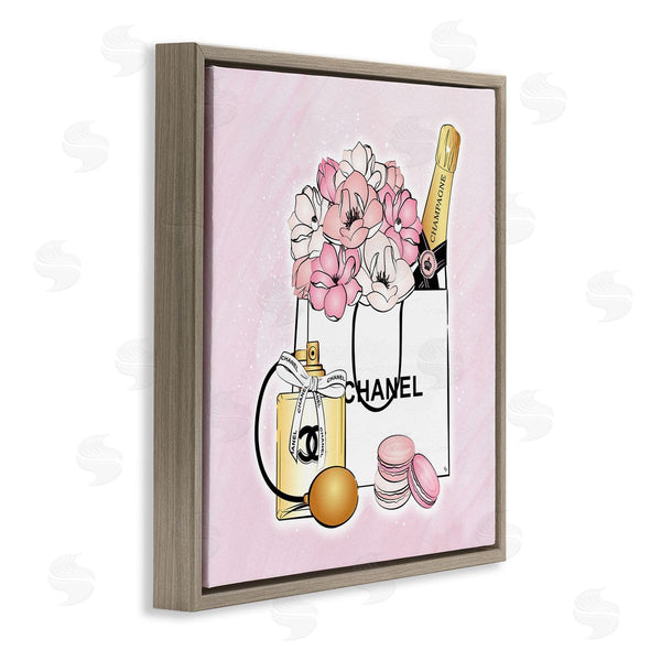 Stupell Industries Martina Pavlova | Golden Perfume Flowered Fashion Shopping Bag Confectionary Macaroons Wall Art
