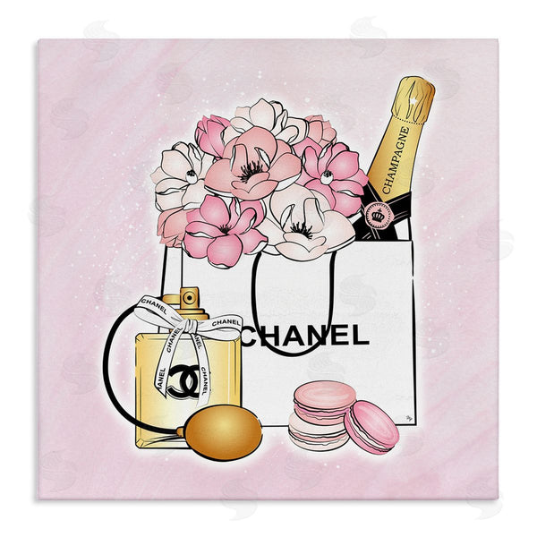stupell industries Martina Pavlova | Golden Perfume Flowered Fashion Shopping Bag Confectionary Macaroons Wall Art
