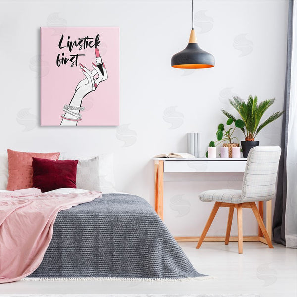 Stupell Industries Martina Pavlova | Lipstick First Makeup Calligraphy Glamorous Phrase Jewelry Accessories Wall Art