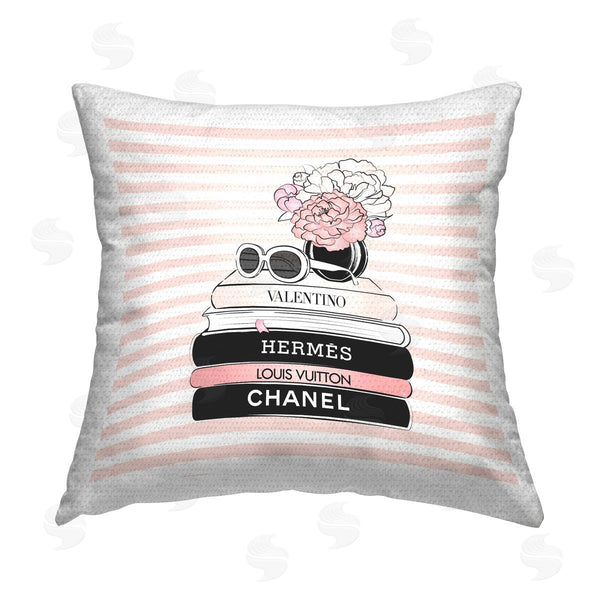 Stupell Industries Martina Pavlova | Pink Striped Fashion Bookstack Printed Throw Pillow