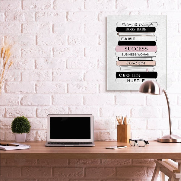 Stupell Industries Martina Pavlova | Victory Triumph Boss Babe Motivational Bookstack Wall Art