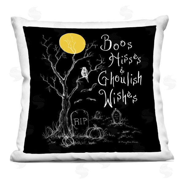 stupell industries Mary Ann June | Boos Hisses Ghoulish Wishes Halloween Printed Throw Pillow
